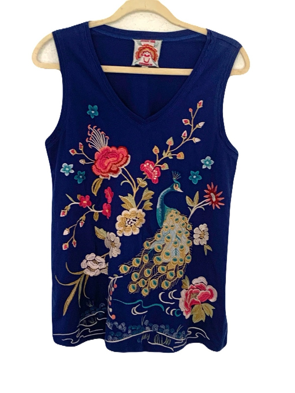 Johnny Was Women’s Small Multicolor Blue Embroidered Peacock Floral Tank Top